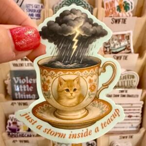 Storm in a Teacup Cat Sticker • Moody Vintage Teacup Art • Whimsical Aesthetic